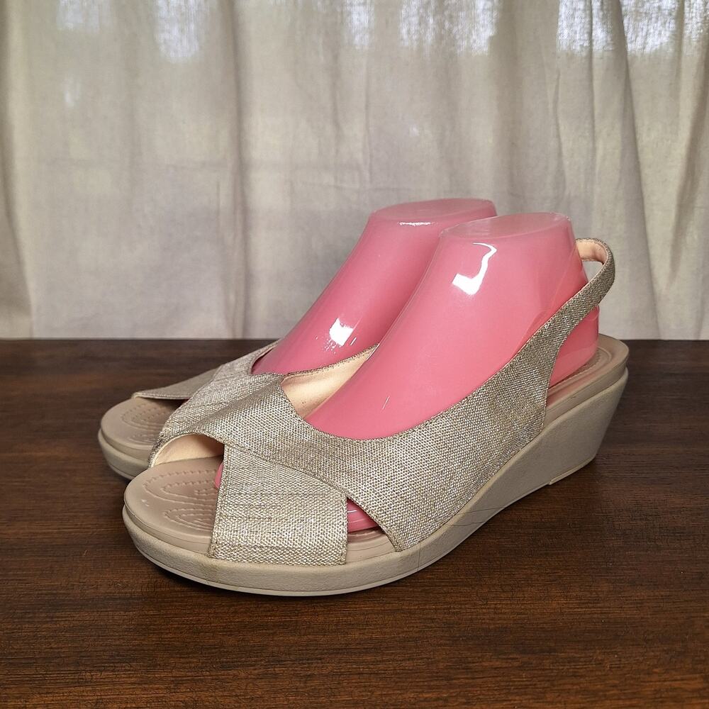 Crocs Leigh Ann Slingback Wedge sandals peep-toe wedge heel beige shimmer 11